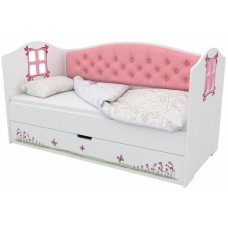 Кровать домик с окошками с мягкой спинкой Мишки розовые